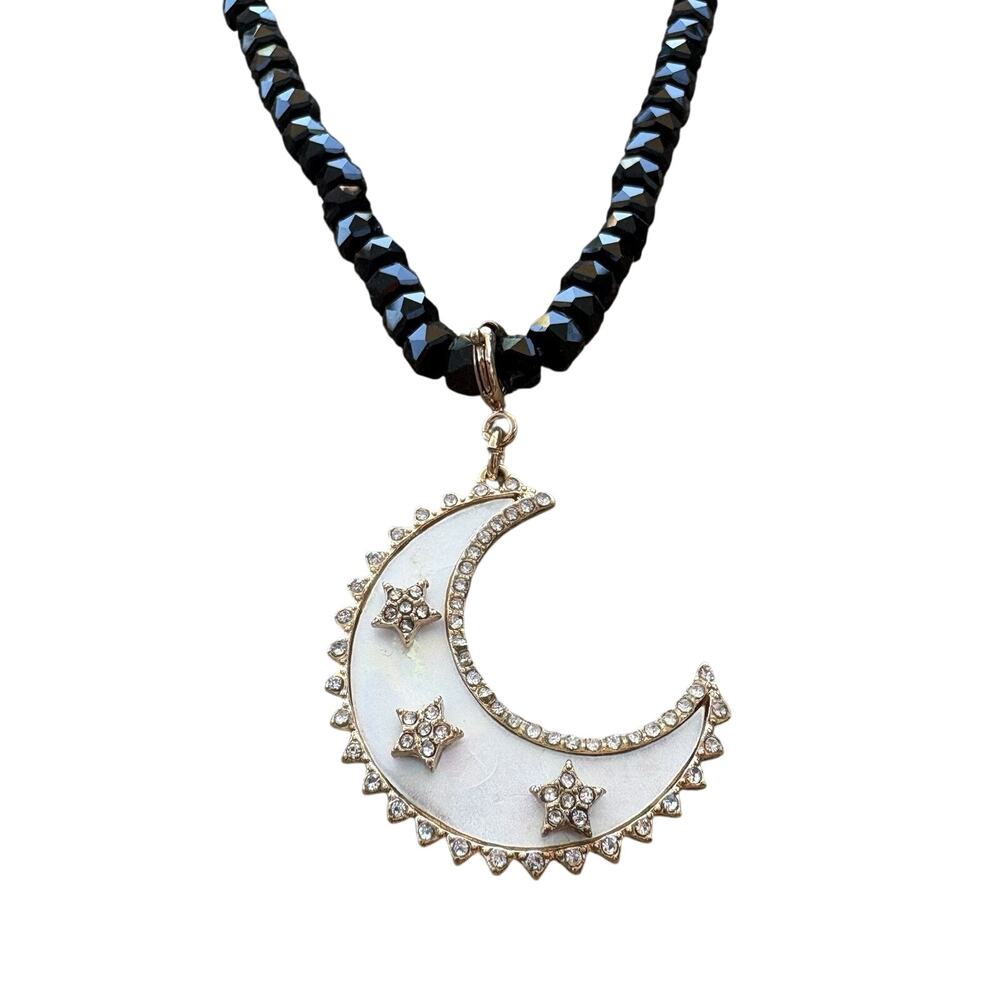 Park Lane Black Beaded Moon Necklace Gold Rhinestone Astrological